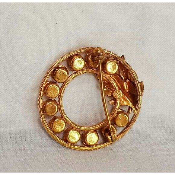 DCE Round Leaves Red Stones Gold Tone 1/20 14 KT GF Vintage Brooch Pin 1" - Picture 7 of 9